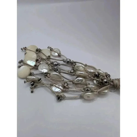 Chicos Pearl Necklace and Earrings Silvertone Braided Beige Cream Bohemian set - Picture 3 of 6